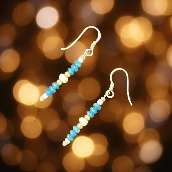 Dainty Blue Apatite & Pearl Earrings • Amazonite • 925 Sterling Silver Handmade - Picture 2 of 9